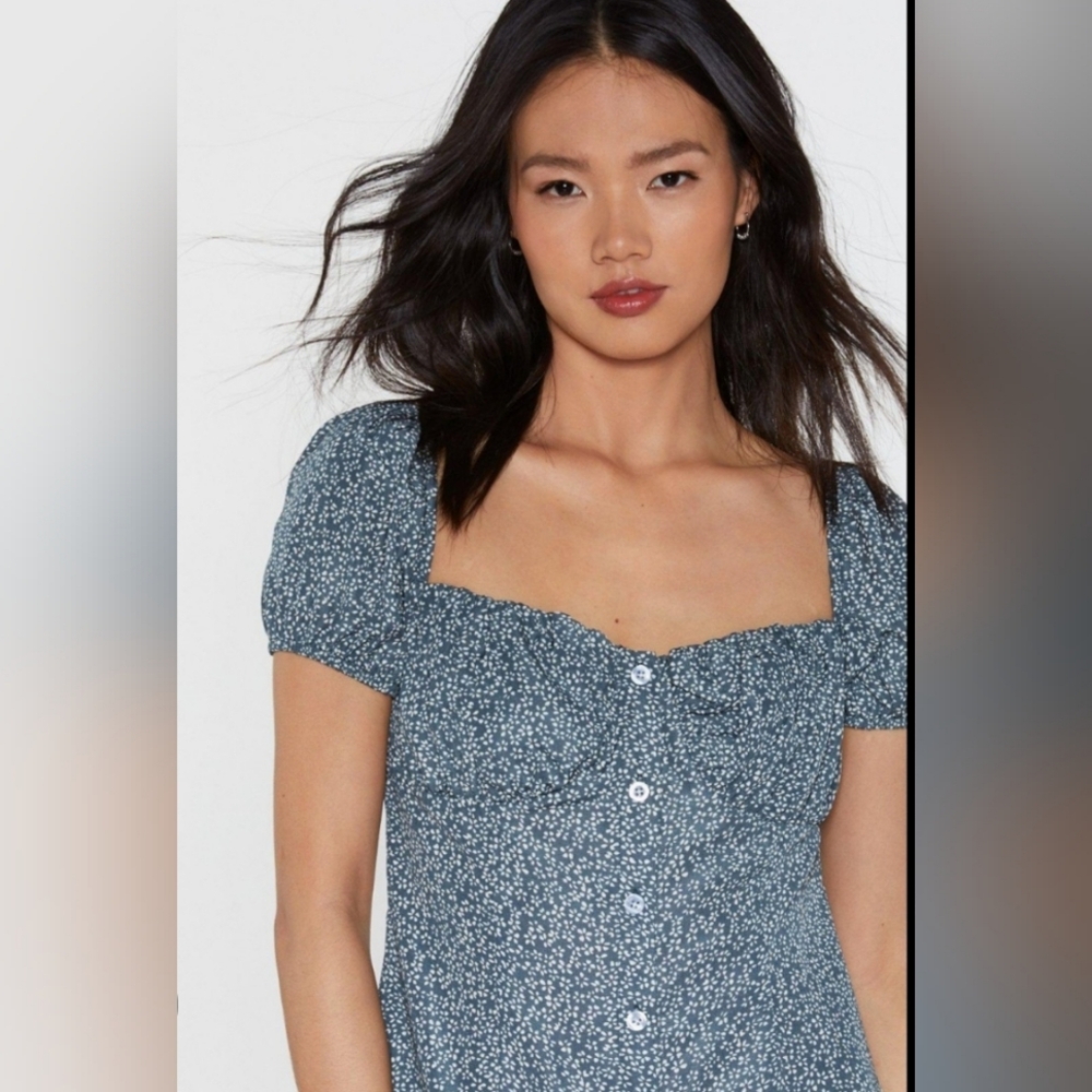 Nasty Gal Gray Blue Ditsy Floral Mini Dress Puff Sleeves Peasant Size 2
